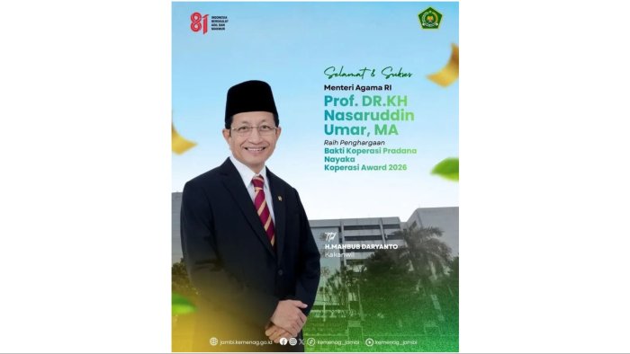 Keluarga Besar MTsN 1 Batang Hari! Selamat atas Raihan Penghargaan Bakti Koperasi Pradana Nayaka bagi Menteri Agama RI