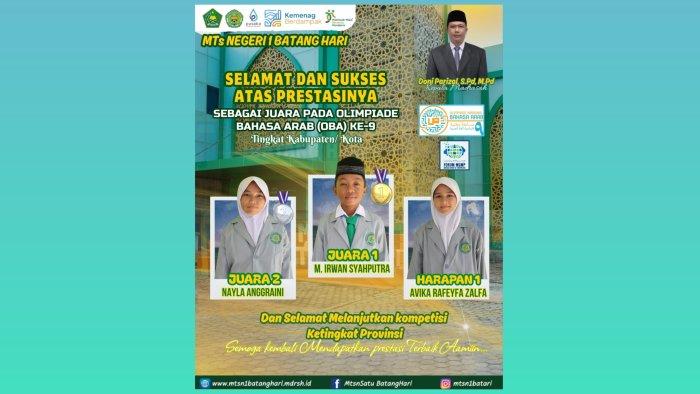 Harumkan Nama Madrasah! Tim Bahasa Arab MTsN 1 Batang Hari Borong Juara di OBA ke-9 Harumkan Nama Madrasah! Tim Bahasa Arab MTsN 1 Batang Hari Borong Juara di OBA ke-9