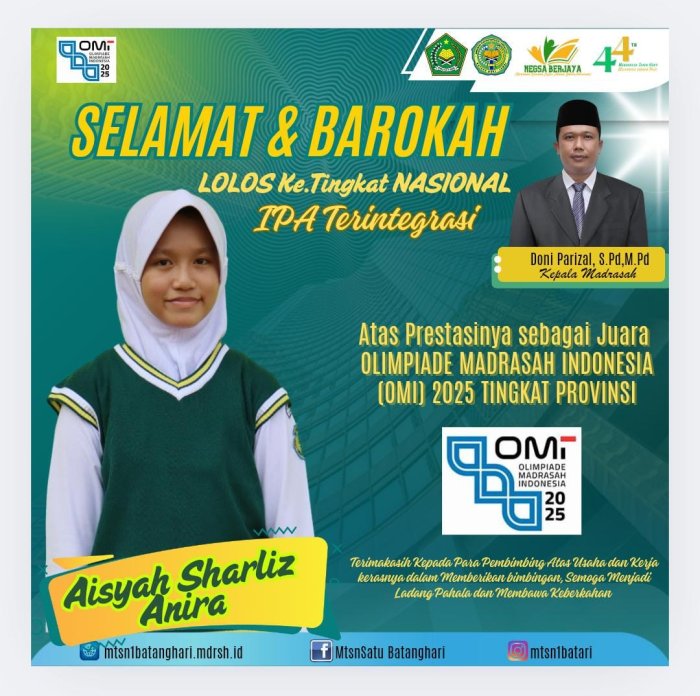 Siswa MTsN 1 Batang Hari Lolos ke Tingkat Nasional OMI 2025: Bawa Nama Daerah Serta MTs di Bidang IPA Terintegrasi
