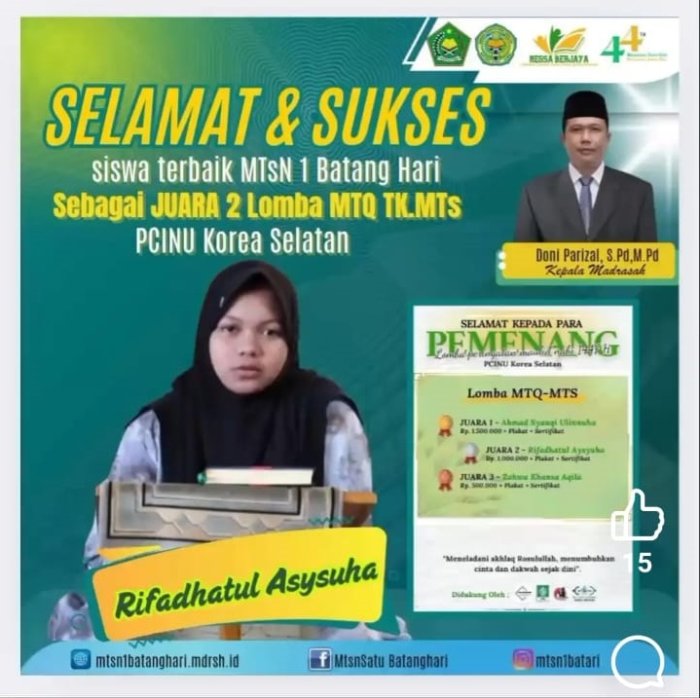 Raih Prestasi Gemilang di Kancah Internasional, Siswi MTsN 1 Batang Hari Juarai MTQ PCINU Korea Selatan