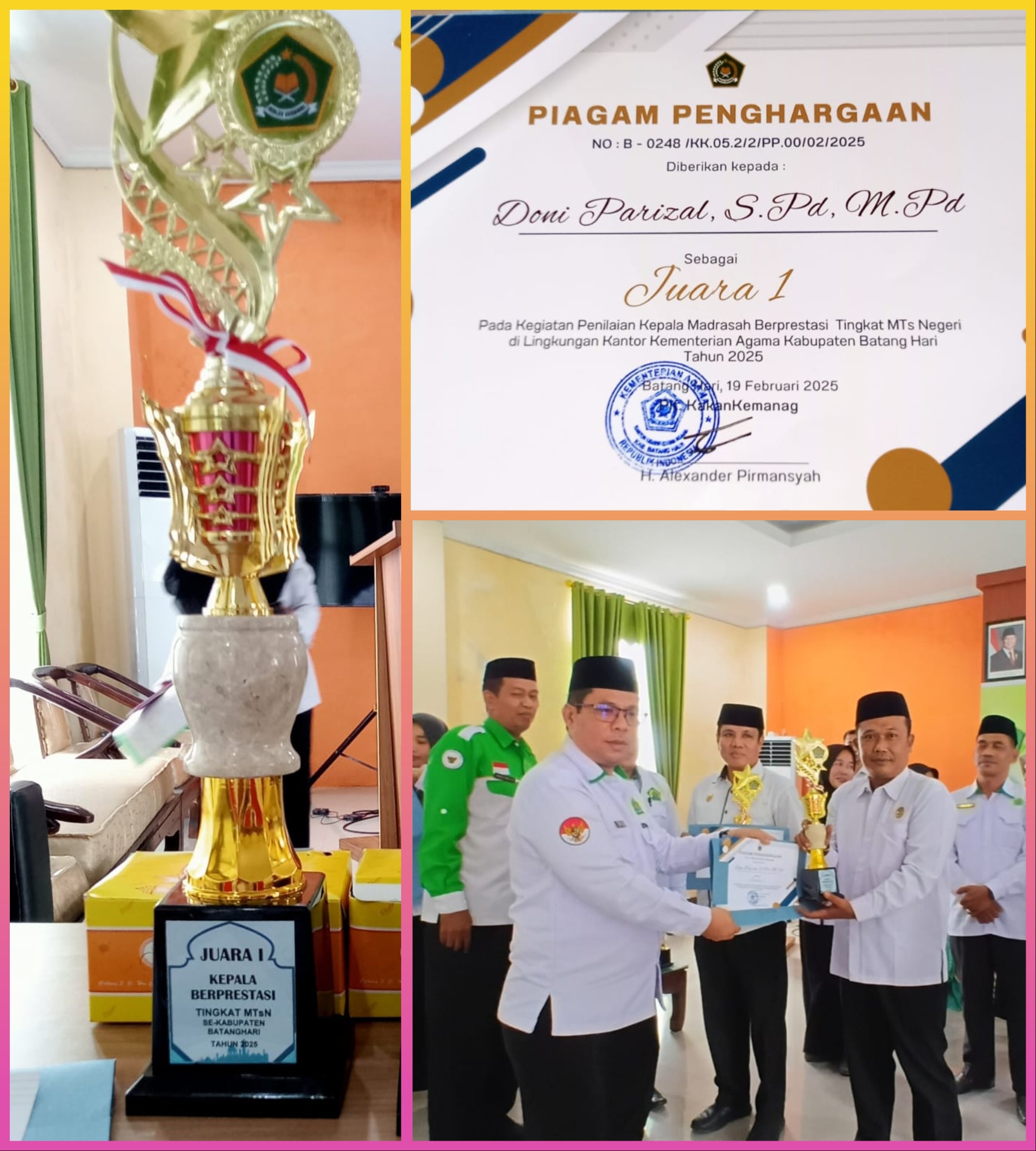 Kepala Madrasah MTsN 1 Batang Hari Raih Juara 1 Penilaian Kepala Madrasah Berprestasi Tingkat MTs Negeri Tahun 2025