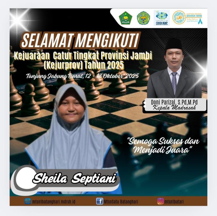 Dari Batang Hari ke Tanjung Jabung Barat: Sheila Septiani Wakili Madrasah & Kabupaten di KEJURPROV Catur Jambi 2025