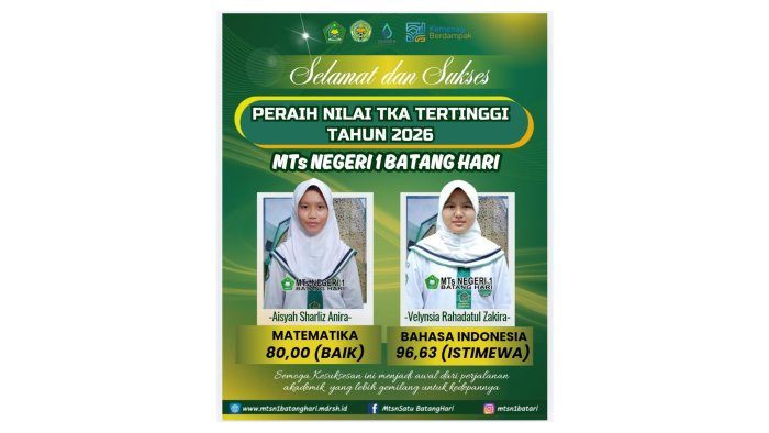 Dua Srikandi MTsN 1 Batang Hari Raih Nilai TKA Tertinggi 2026, Ukir Prestasi Gemilang di Bidang Literasi dan Eksak Dua Srikandi MTsN 1 Batang Hari Raih Nilai TKA Tertinggi 2026, Ukir Prestasi Gemilang di Bidang Literasi dan Eksak
