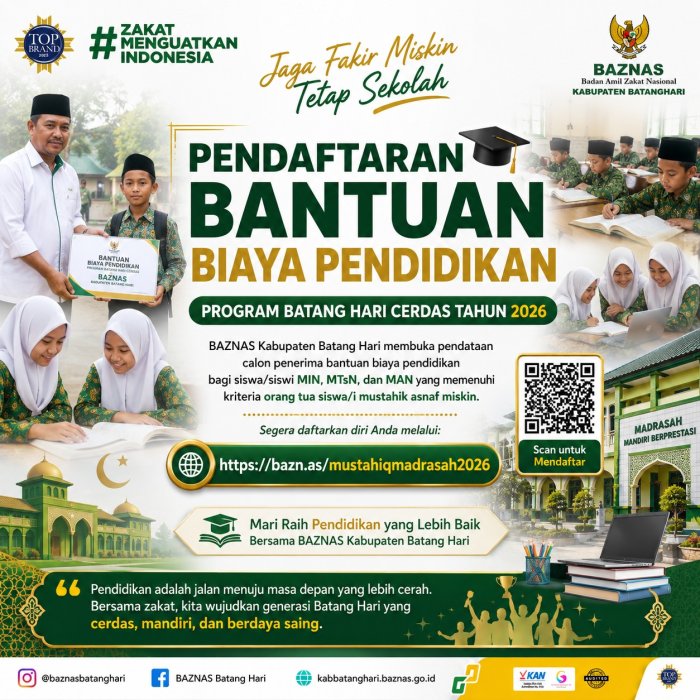 Jaga Fakir Miskin Tetap Sekolah, BAZNAS Batanghari Buka Pendaftaran Bantuan Biaya Pendidikan 2026