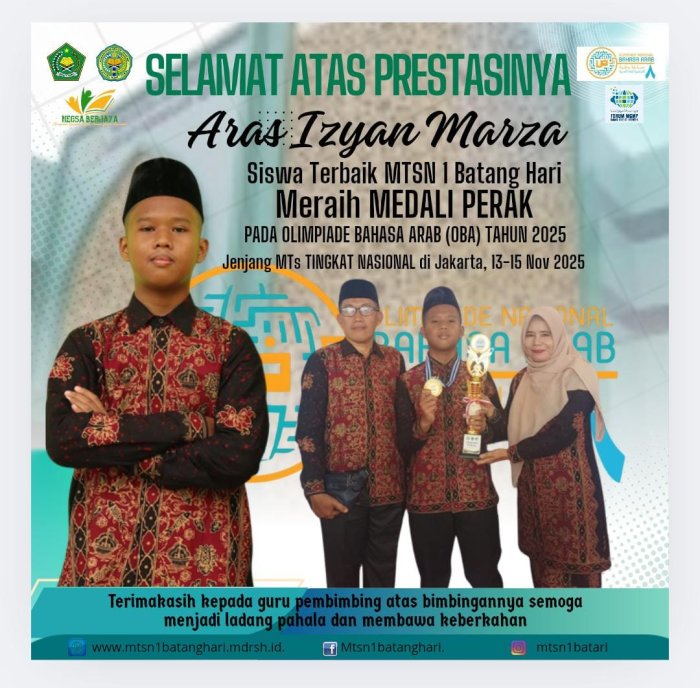 Kembali Mengukir Prestasi! Aras Izyan Marza Raih Medali Perak di Olimpiade Bahasa Arab Nasional Ke-8