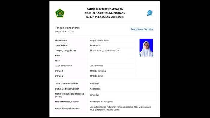 Siswa Berprestasi MTsN 1 Batang Hari Tembus Seleksi Jalur Prestasi MAN IC Serpong