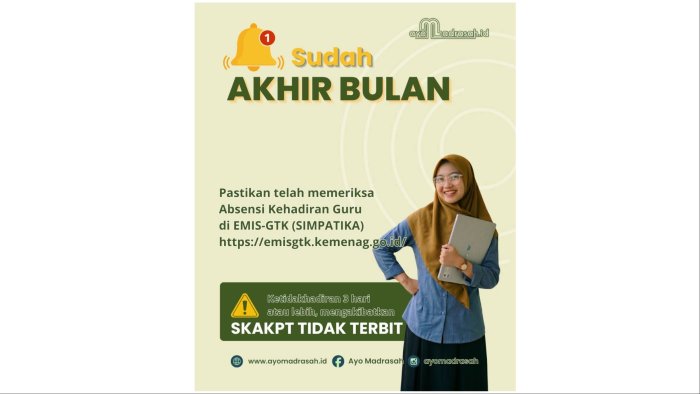 Masuki Akhir Bulan, Seluruh Madrasah se-Indonesia Diimbau Segera Tuntaskan Validasi Absensi Guru di EMIS-GTK SIMPATIKA Masuki Akhir Bulan, Seluruh Madrasah se-Indonesia Diimbau Segera Tuntaskan Validasi Absensi Guru di EMIS-GTK SIMPATIKA