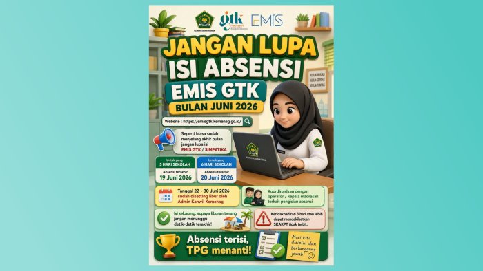 Jelang Akhir Juni 2026, Kepala MTsN 1 Batang Hari Imbau GTK Segera Rampungkan Absensi EMIS Jelang Akhir Juni 2026, Kepala MTsN 1 Batang Hari Imbau GTK Segera Rampungkan Absensi EMIS