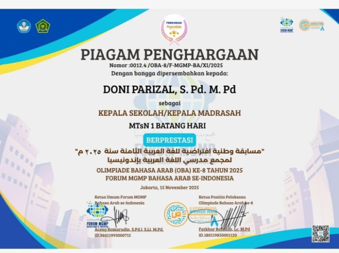 Kepala MTsN 1 Batang Hari Raih Penghargaan OBA Nasional