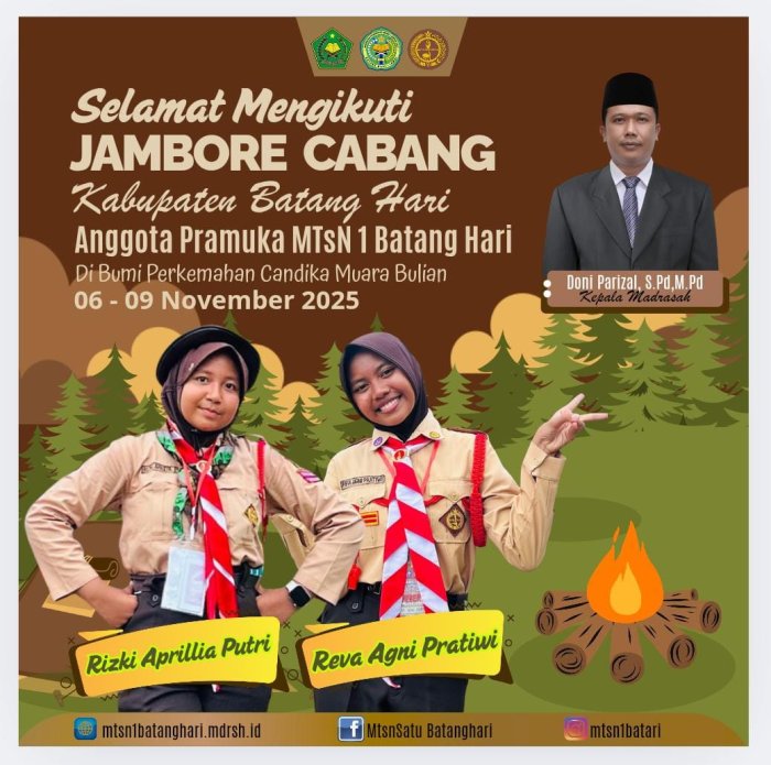 Bangga! Hari Ini Dua Siswi  MTsN 1 Batang Hari Jadi Delegasi Jambore Cabang Kwarcab Batang Hari 2025