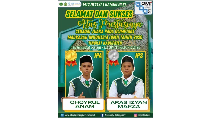 Torehkan Prestasi Gemilang, Siswa MTsN 1 Batang Hari Raih Juara 1 IPA dan Juara 2 IPS OMI 2026 Tingkat Kabupaten Torehkan Prestasi Gemilang, Siswa MTsN 1 Batang Hari Raih Juara 1 IPA dan Juara 2 IPS OMI 2026 Tingkat Kabupaten