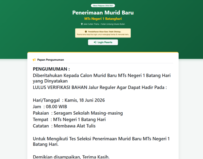 Tahap Verifikasi Bahan Selesai, PPDB MTsN 1 Batang Hari Resmi Tutup Finalisasi Data dan Bersiap Gelar Tes Seleksi Tahap Verifikasi Bahan Selesai, PPDB MTsN 1 Batang Hari Resmi Tutup Finalisasi Data dan Bersiap Gelar Tes Seleksi