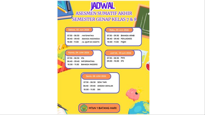 Resmi Dirilis! Catat Jadwal Lengkap ASAS Genap Kelas 7 & 8 MTsN 1 Batang Hari, Dimulai 2 Juni 2026 Resmi Dirilis! Catat Jadwal Lengkap ASAS Genap Kelas 7 & 8 MTsN 1 Batang Hari, Dimulai 2 Juni 2026